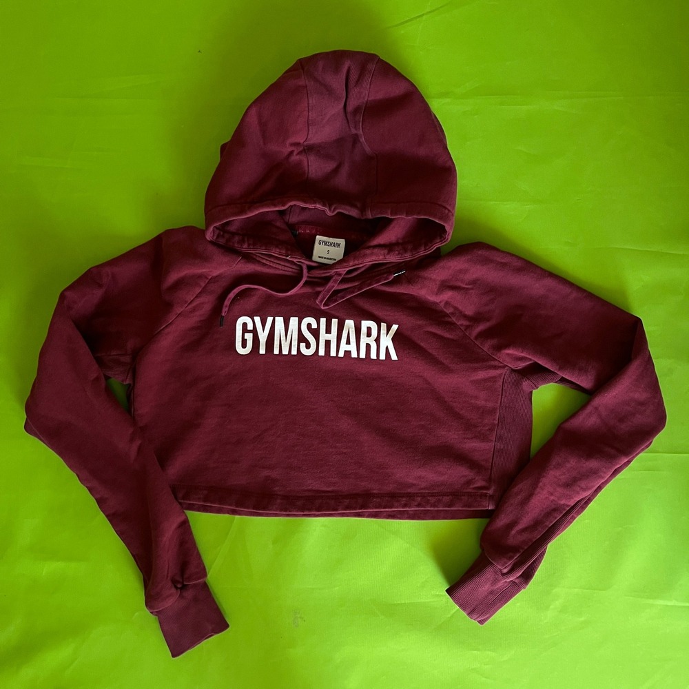 Gymshark Womens Cropped Hoodie Small Burgundy Maroon Logo Pullover‎ Sweatshirt